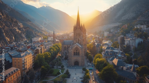 Aerial view of a historic cathedral nestled in a serene mountain cityscape at sunset, with warm lighting.