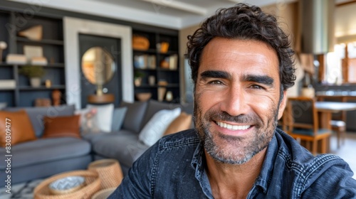 A cheerful young man is taking a wide selfie at home with a stylish interior visible in the background.