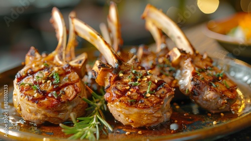 Roasted lamb chops garnished with rosemary and herbs on a plate, showcasing a delectable meal.