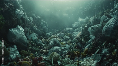 Underwater view of a polluted ocean bed littered with plastic waste and debris.