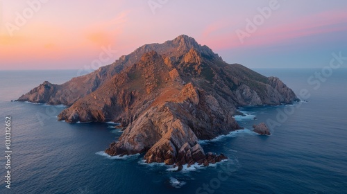 Aerial panoramic view of Pan di Zucchero island at sunset with a colorful sky and calm sea.