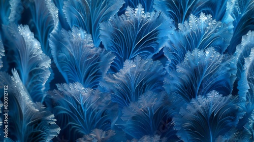 Close-up of intricate ice crystal patterns resembling feathers or ferns in cool blue tones, showing natural beauty and detail.