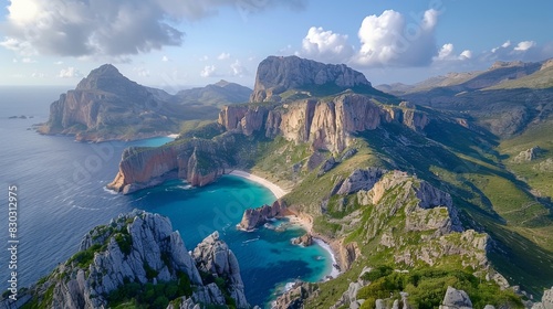 Aerial view of La Marinedda wild beach with turquoise sea surrounded by rocky cliffs in Sardinia.