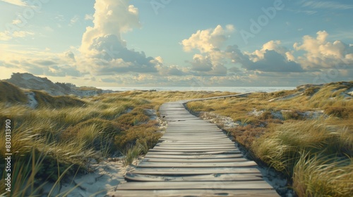 A serene boardwalk meanders through dune grass under a cloudy sky on Amrum Island, Schleswig-Holstein, Germany.