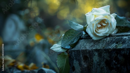 serene white rose on weathered grave marker eternal love and remembrance poignant cemetery scene emotional fine art photography
