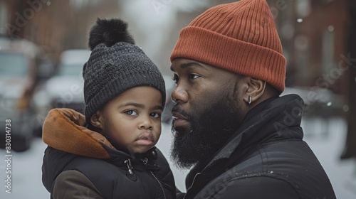 A father tenderly holds his toddler daughter outdoors, both clad in warm winter clothes, sharing a moment in a cinematic setting.