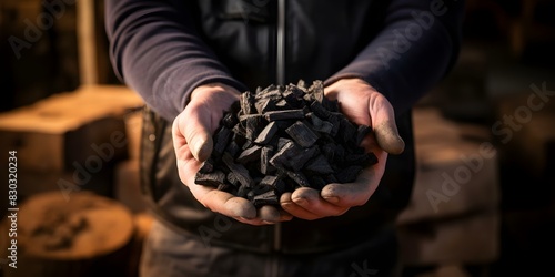 Eco-Friendly Biochar Pellets: A Sustainable Organic Fuel Made from Woody Material. Concept Eco-Friendly Fuel, Sustainable Energy, Biochar Production, Organic Pellets, Woody Biomass,