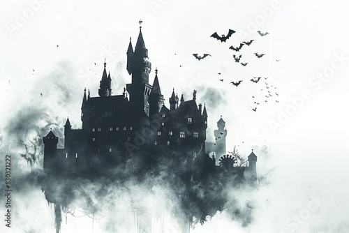 Haunted castle on a white background with bats flying around in the sky