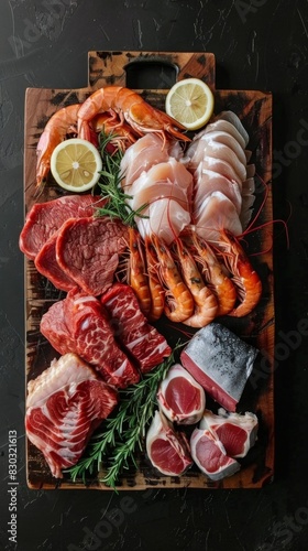 Wooden cutting board with meat and shrimp on it, fresh meats and seafood