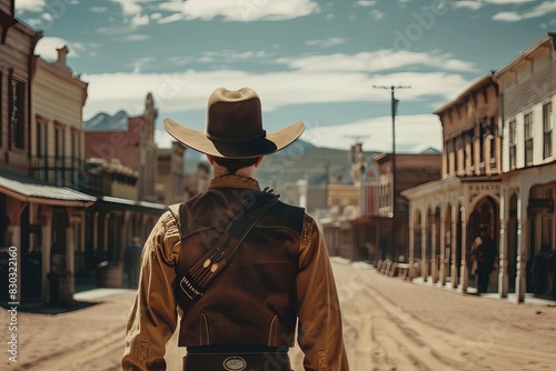 dramatic wild west duel scene cowboy ready to draw in old town western movie shot