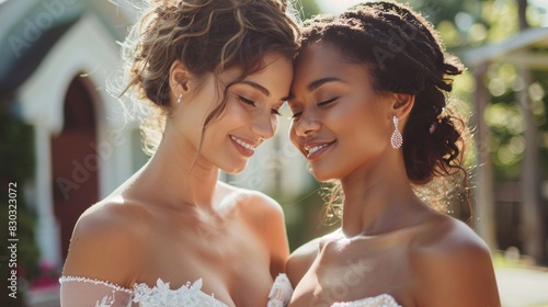 couple of LGBT woman in wedding dresses on church background.