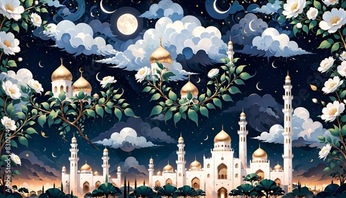 Eastern Islamic motifs patterns, symbols, mosques and towers and animals on colorful night background, crescent moon on sky background. Banner, poster, background, copy space. Eid al-Adha