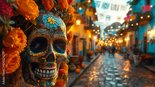 image of lively street festival celebrating Dia de los Muertos Mexico vibrant costume elaborate sugar skull traditional folk music filling air Colorful papel picado should flutter overhead casting int
