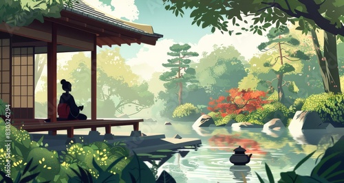 Artistic depiction of a traditional Japanese tea ceremony in a serene garden
