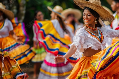 Brightly colored skirts and hats are worn by a woman in a mexican dress