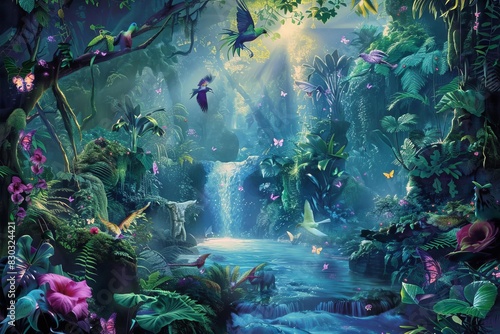 enchanted fairy tale jungle wallpaper with magical fantasy animals and birds mural art
