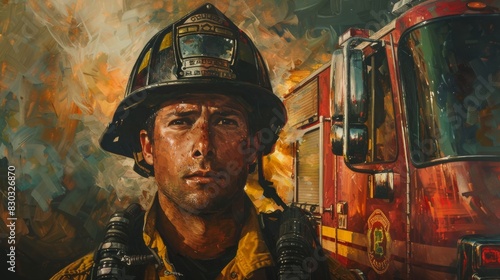 A portrait of a firefighter in gear, with a firetruck in the background 