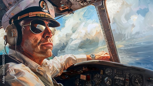 A portrait of a pilot in a cockpit, wearing aviator sunglasses and a captain's hat 