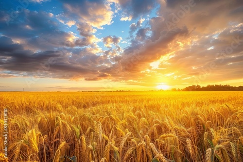 golden wheat field under dramatic cloudy sky at sunset idyllic rural landscape panorama