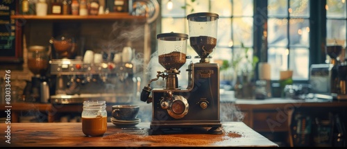 Amongst the steam and aroma of freshly brewed coffee, a retro grinder stands sentinel, its cast iron frame a testament to timeless craftsmanship.