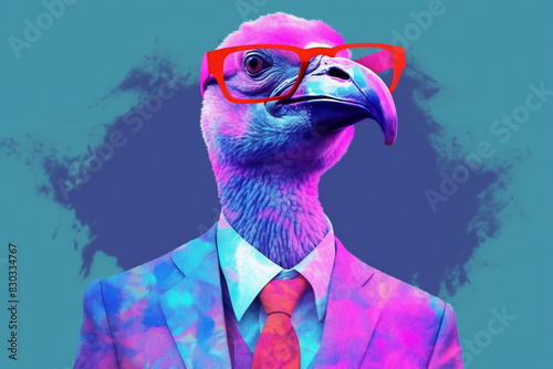 Flamingo in a blue jacket and tie
