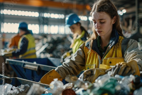 Female worker sorting trash material to be processed in a waste recycling plan with many colleagues in the background. Separate garbage collection