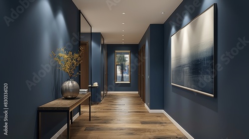 A minimalist corridor with a long, narrow console, a solitary art piece and walls in a deep navy blue. 