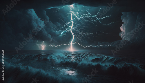 Lightning storm at sea, with a powerful and dangerous presence and a sense of raw energy and power