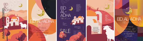 Eid al-Adha Eid Mubarak. Vector modern illustration of mosque, lamb, landscape, abstract pattern, crescent, nature for greeting card, Islamic background, poster or sale flyer