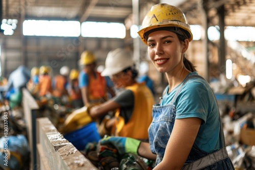 Female worker sorting trash material to be processed in a waste recycling plan with many colleagues in the background. Separate garbage collection