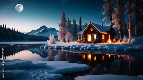 A wooden cottage situated near a frozen lake, with a campfire burning on the shore. The moonlight reflects off the icy surface of the lake, creating a serene, mystical atmosphere. The cottage's window