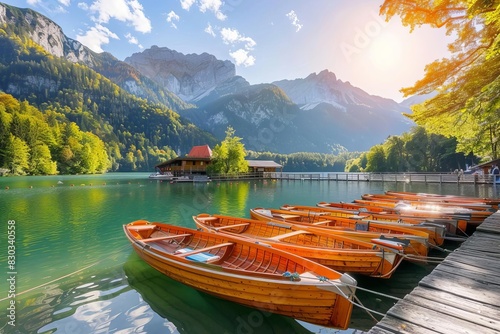 scenic boat station on mountain lake in fussen germany sunlight on boats travel photo