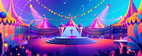 Colorful pop-art carnival scene with vibrant lights and tents