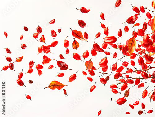 photography of GOJI BERRIES falling from the sky, hyperpop colour scheme. glossy, white background dried Chinese wolfberries isolated on white background, top view