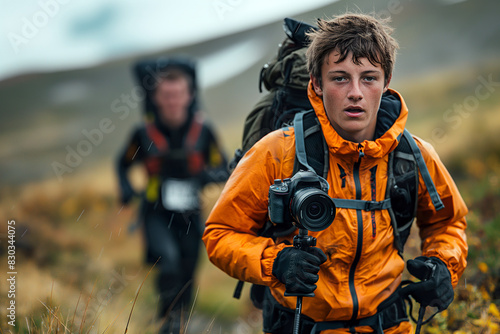 A camerarunner is a mountain runner who records other runners with an action video camera to stream it. Carry a small radio antenna in your backpack to broadcast the live signal.