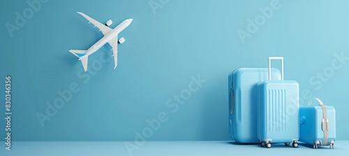 Render of blue passport with airplane and suitcase on light background, travel concept, banner for web design or advertising