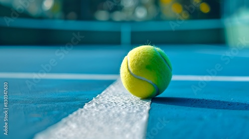 Close-up of a tennis ball on a court line. Sports and outdoor theme. Vibrant colors and sharp detail. Perfect for tennis lovers or sports-related projects. AI