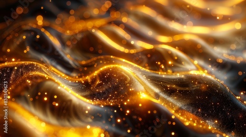 A vibrant composition of golden sparkles strewn across dynamic, fluid waves, creating a sense of motion and luminescence