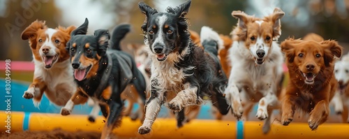 A dynamic scene of a group of dogs of various breeds at an agility training course, leaping over hurdles and navigating obstacles