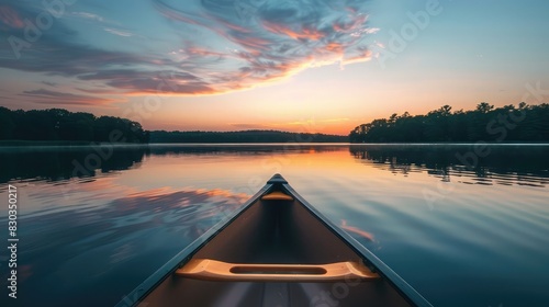 A canoe on a tranquil lake at dawn, symbolizing the serene and reflective side of freedom