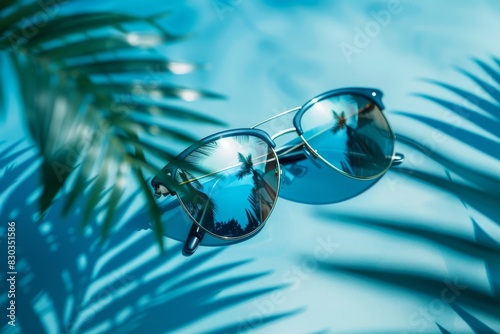 A pair of sunglasses with the reflection of palm trees and an ocean on a blue background, in a flat lay