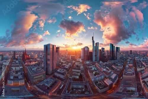 Wide panoramic aerial cityscape of Frankfurt am Main Germany. Skyline panorama of the Bankenviertel financial centre skyscrapers at sunset. 