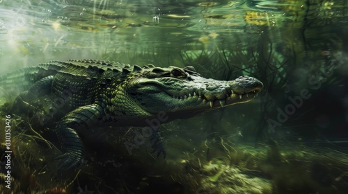 Crocodile gliding stealthily through murky waters, a master of camouflage and patience in the hunt