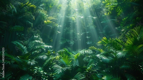 A serene jungle scene with sun rays penetrating the dense foliage, highlighting the ethereal beauty and life force within the forest
