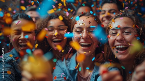 A group takes an enthusiastic selfie as confetti rains down, symbolizing vibrant celebration