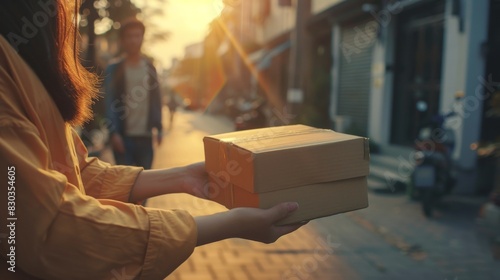 Close up hand of asia woman are receive a box from delivery man with sun light in delivery service concept 