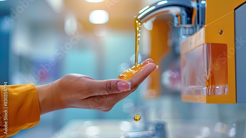 Liquid soap dripping from a dispenser into a person's hand, highlighting the importance of hand hygiene