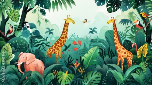 Cartoon images of animals in a lush green forest.