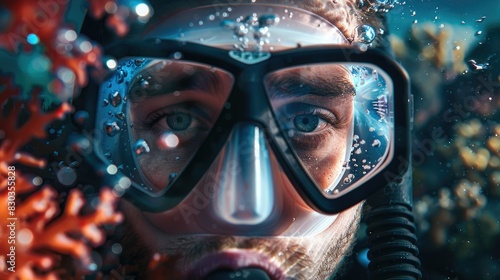 Scuba diver's face in focus, mask and snorkel clear, with the vibrant underwater world in the background
