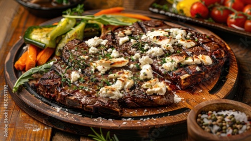 Grilled Charolaise entrecote rib steak with melted goat cheese on vegetarian pizza served with vegetables on a wooden table